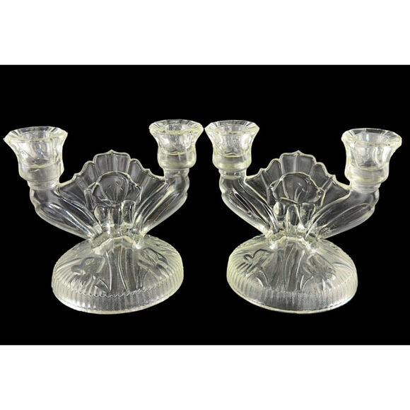Vintage Art Deco Glass Double Candle Holders Shell Fan Design 2 Candlesticks - Picture 14 of 16